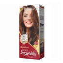 Produto de coloração de cabelos da marca Probelle. Caixa retangular vermelha com detalhes dourados. Imagem frontal de uma mulher sorridente com cabelos longos e castanhos. Rótulo indicando "6 Óleos Essenciais" e  tonalidade 6.88 marrom tabaco.