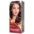 Coloração de cabelos tonalizante sem amônia. Embalagem retangular com imagem frontal de uma mulher de cabelos castanhos ondulados. Rótulo com o nome "Probelle" em letras grandes e informações como "6 óleos essenciais" e o tom "7.1 louro acinzentado".