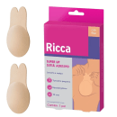 Produto Ricca: Sutiã adesivo de tamanho pequeno, na cor bege, com embalagem rosa e azul contendo informações sobre o produto, como ser hipoalergênico e ter 10 usos.