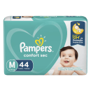 Caixa de fraldas descartáveis Pampers Confort Sec, tamanho M, com 44 unidades, para bebês de 6 a 10 kg. Embalagem verde e azul com logotipo da marca e imagem de um bebê sorridente.