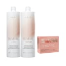Shampoo e condicionador da linha Revival da marca Braé, acompanhados de uma caixa rosa com o produto Cronograma Capilar Color da mesma marca.