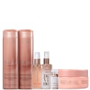 Conjunto de produtos da marca Braé, incluindo shampoo, condicionador, máscara, óleo e ampola Revival, sérum Divine, todos em embalagens de tons rosados.