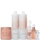 Produtos da marca Braé, incluindo frasco de óleo, shampoo e condicionador Revival, pote de máscara de cabelo Revival, spray Essential e ampola Soul Color, em embalagens brancas e rosadas.