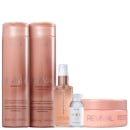 Conjunto de produtos da marca Braé, incluindo shampoo e condicionador Revival, óleo capilar Revival, ampola Soul Color e máscara Revival, todos em embalagens de tons rosados.