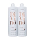 Dois frascos brancos de shampoo anti-frizz da marca Braé, com rótulos em tons de marrom e rosa, indicando o nome "Divine" e a descrição "Absolutely Smooth". Cada frasco possui 1 litro de capacidade.