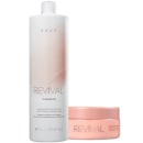 Shampoo Revival com embalagem branca e rosa, e um pote de máscara Revival com embalagem rosa, indicando uma linha de produtos para reconstrução imediata de cabelos extremamente danificados.