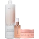 O conjunto de produtos Braé inclui um frasco de shampoo Revival, um frasco de óleo Gorgeous Shine Oil e um pote de máscara de reconstrução profunda Revival, todos em tons de branco, rosa e dourado.