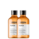 Dois frascos de shampoo profissional L'Oréal Professionnel Nutri-Oil, de 300ml cada, com embalagem de plástico âmbar e tampa preta, contendo óleo de coco rico para cabelos secos.
