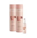 Conjunto de produtos Braé Essential, composto por shampoo, condicionador e leave-in spray, em embalagens rosa claro com detalhes em vermelho, exibindo o nome "Essential" em destaque.