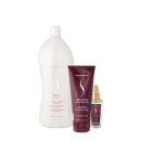 Conjunto de produtos Senscience, incluindo um frasco branco de shampoo Purify, um tubo vermelho de máscara Inner Restore e um frasco de óleo True Hue Color
