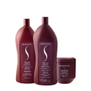 Três produtos da marca Senscience: dois frascos de condicionador e shampoo True Hue em embalagens vermelhas e uma máscara Inner Restore em embalagem roxa, todos com o logotipo da marca.
