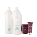 Shampoo e condicionador Senscience Silk Moisture, uma máscara Inner Restore e dois tubos de CPR Step 1 e Step 2, todos em embalagens brancas e roxas com detalhes em azul e vermelho.