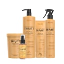 Produtos de cabelo da marca Itallian Hairtech, incluindo shampoo, condicionador, óleo e fluido para escova, em embalagens plásticas e de vidro com cores predominantes amarelo e preto.