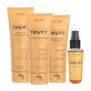 Produtos da linha Trivitt da Itallian Hairtech, incluindo shampoo, condicionador, creme hidratante e óleo capilar, em embalagens de plástico com cores predominantes em tons de laranja.