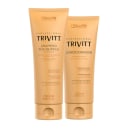 Dois produtos da linha Trivitt da Itallian Hairtech: um frasco de shampoo pós-química de 250ml e um tubo de condicionador de 200ml, ambos com embalagens em tons de laranja e amarelo.