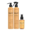 Três produtos da marca Itallian Hairtech: dois frascos de 300 ml com bombas doseadoras, um com rótulo "Trivitt Cauterização" e outro com "Trivitt Fluido para Escova", além de um frasco de 30 ml com rótulo "Trivitt Power Oil".