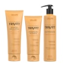 Três produtos da marca Itallian Hairtech: shampoo pós-química, creme hidratante intensivo e tratamento de cauterização, em embalagens de plástico com design minimalista em tons de amarelo e preto.