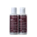 A imagem mostra a linha de produtos da marca Joico chamada "Defy Damage". Os produtos incluem um shampoo 50ml e um condicionador 50ml. As embalagens são predominantemente em tons de roxo e prata.