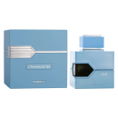 Caixa e frasco de perfume da marca Al Haramain, na cor azul, com detalhes em prata. A embalagem apresenta o nome "L'Aventure Ciel" e o logotipo da marca.