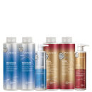 A imagem mostra shampoo 1 litro, condicionador 1 litro e máscara 500ml da linha K-PAK Color Therapy da Joico; e shampoo 1 litro, condicionador 1 litro e máscara 500ml da linha Moisture Repair.