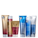 A imagem mostra shampoo 300ml, condicionador 250ml e máscara 150ml da linha K-PAK Color Therapy da Joico; e shampoo 300ml, condicionador 250ml e máscara 250ml da linha Moisture Repair.