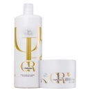 Shampoo revelador de luminosidade de 1L e máscara capilar iluminadora de 150ml. As embalagens exibem o logotipo e o nome da linha "Oil Reflections" em letras douradas estilizadas.