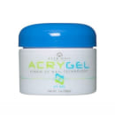 Gel acrílico híbrido para unhas. A embalagem é um pote branco com uma tampa azul arredondada. O rótulo do produto exibe o nome "ACRYGEL" em letras verdes e amarelas, juntamente com a descrição "Hybrid UV Nail Technology" em letras menores.