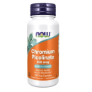 Este é um suplemento alimentar da marca Now Foods. O produto é Chromium Picolinate, um suplemento de 200 mcg que atua como co-fator da insulina. A embalagem é um frasco plástico branco com tampa roxa e rótulo laranja.