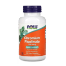 Este é um suplemento alimentar da marca Now Foods. O produto é Chromium Picolinate, um suplemento de 200 mcg que atua como co-fator da insulina. A embalagem é um frasco plástico branco com tampa roxa e rótulo laranja.