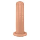 Sex toy. Plug anal em formato cônico, lembrando um parafuso, na cor bege. Tem as dimensões 17 x 4,3cm
