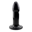 Plug anal preto brilhante em formato fálico, com uma base plana e uma ponta arredondada. O produto possui uma aparência elegante e minimalista, sem rótulos ou marcas visíveis.