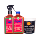 A imagem mostra 3 produtos de Lola From Rio: dois frascos retangulares marrons com rótulo vermelho da linha rapunzel, sendo um tônico e um shampoo e um pote redondo da máscara dream cream.