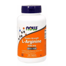 O produto é um suplemento alimentar de L-Arginina da marca Now Foods. Vem em um pote branco com tampa azul escura. O rótulo laranja destaca que é um suplemento de "L-Arginina de Dupla Força" de 1000mg.
