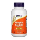 Este é um suplemento alimentar de óleo de semente de abóbora da marca Now Foods. O produto vem em um frasco branco com tampa azul escura. A embalagem tem uma etiqueta laranja com o nome do produto "Pumpkin Seed Oil"