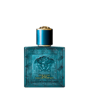 A imagem mostra o frasco de perfume da Versace, com cor azul brilhante. O topo do frasco apresenta o icônico emblema da Medusa, e tampa dourada com detalhes texturizados. Na frente, a marca escrito em amarelo e o nome do perfume abaixo.