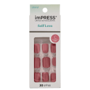 Unhas postiças autocolantes. Embalagem retangular com fundo branco e detalhes em verde e rosa. Contém 30 unhas postiças de tamanho curto e quadrado, na cor rosa claro. O nome do produto "Self Love" está impresso na parte superior da embalagem.