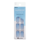 Embalagem contendo 30 unhas postiças autocolantes em tons de azul. Rótulo na parte superior com o nome do produto "imPRESS color" e a indicação "unhas autocolantes" e "não precisa de cola. Tamanho médio indicado pela letra "M" no canto superior esquerdo.