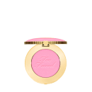Blush compacto de maquiagem com embalagem redonda dourada. A tampa superior é rosa com a inscrição "Too Faced" em letras cursivas. Um pequeno coração dourado adorna o centro da tampa.