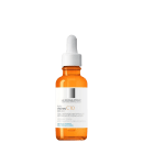 A imagem mostra o Pure Vitamin C10, um frasco de vidro cor laranja com conta-gotas branco. Embalagem retangular com rótulo branco e texto com apresentação minimalista e com foco no nome do produto e marca.