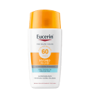 Frasco branco e laranja da marca Eucerin contendo protetor solar com FPS 60, com texto "Proteção Solar" e "Hydro Fluid" em destaque.
