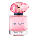 Perfume feminino em frasco transparente de vidro com líquido rosa claro. Na parte frontal do frasco está escrito "MY WAY" em letras azuis, e abaixo "GIORGIO ARMANI" em letras menores. A tampa possui detalhes em dourado e uma fita azul marinho na base.