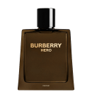 A imagem mostra um frasco de perfume retangular, na cor marrom, com escritos em dourado. Tem uma tampa preta e cromada na parte superior. A imagem tem um fundo preto, destacando o design elegante e sofisticado do produto Burberry.
