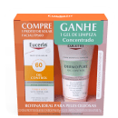 A imagem mostra uma embalagem promocional da marca Eucerin, contendo dois produtos. do lado esquerdo uma caixinha retangular e do lado direito um tubo arredondado. ambos tem fundo branco com letras preta.