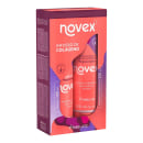A imagem mostra uma caixa com kit do shampoo e condicionador Infusão de Colágeno de 300ml cada, da marca Novex. Tem um design em tons de laranja, roxo e rosa,. As informações como o nome do tratamento, finalidade e a quantidade estão listadas na embalagem