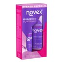 A imagem mostra caixa com kit de shampoo e condicionador Embelleze Novex Hialurônico Powermax, de 300ml cada. A embalagem é predominantemente na cor roxa e rosa, com detalhes e descrições dos produtos.