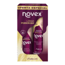 A imagem mostra caixa com shampoo e condicionador Embelleze Novex Longo Poderoso, de 300ml cada. Os produtos vêm em uma embalagem roxa com detalhes dourados, destacando os benefícios de restaurar a maciez, sedosidade e crescimento dos fios.