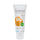 A imagem mostra um protetor solar da marca Sunmax, com embalagem branca e detalhes laranja e verde. Além do nome da marca, tipo de pele indicado e fator de proteção, são destacados outros benefícios, além da indicação de peso líquido no rodapé.