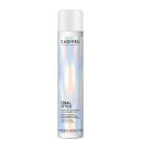A imagem mostra  o Spray Fixador Cadiveu Professional Final Style High Fix 400ml, com frasco plástico em tom prateado e branco e texto em preto. Traz as informações: spray de fixação alta, acabamento natural, escudo contra umidade e proteção térmica.
