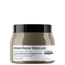 A imagem mostra a máscara capilar da marca L'Oréal Professionnel da linha Absolut Repair Molecular", indicada para reparar a estrutura molecular dos cabelos. O frasco é marrom com uma tampa preta e rótulo branco.