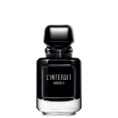 A imagem mostra o frasco do perfume L'Interdit Absolu. É um frasco de vidro preto reluzente, como uma joia, quadrado angulado com detalhes em prata na parte inferior e superior. A tampa do frasco é preta e retangular angulada.